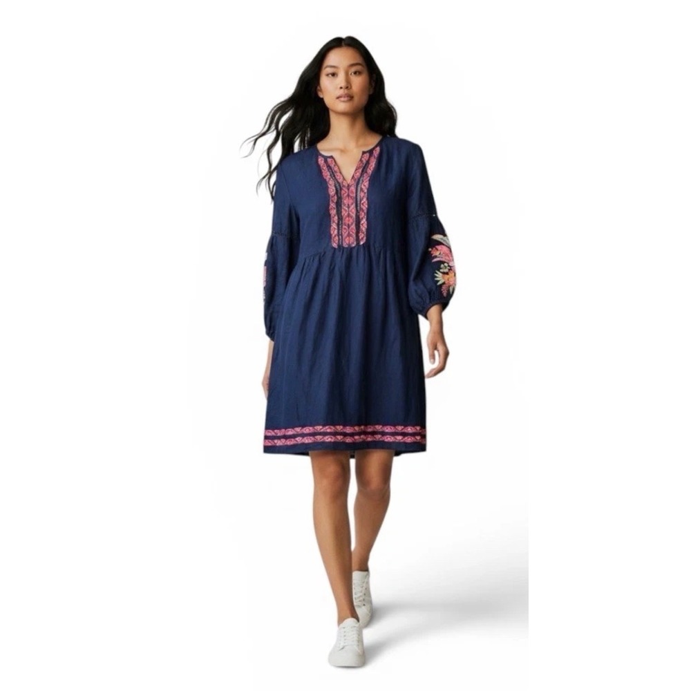 Tommy Bahama Tunic Dress Womens Large Navy Blue Embroidered Linen Blend V-Neck
